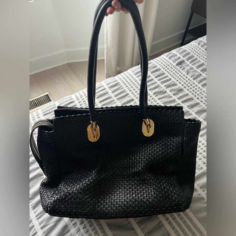 Cole Haan Black Woven Leather Tote with Gold Hardware